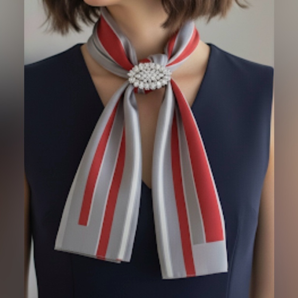 Jean Pierre Robin Silk Feel Red & Gray Striped Scarf - Picture 8 of 14